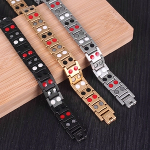 Three-tone stainless steel magnetic therapy bracelets in black, gold, and silver finishes