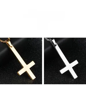 Polished gold and silver stainless steel inverted cross pendants with thick box chain