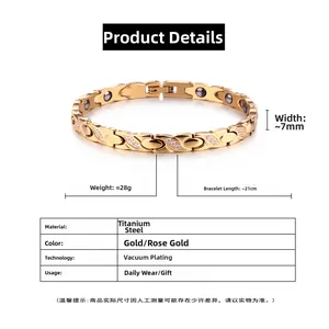 Detail view of twisted X-shape rose gold bracelet with magnetic beads and crystals