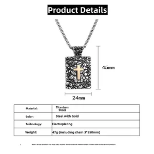 Détails du pendentif croix rétro en acier avec texture pierre et dimensions précises