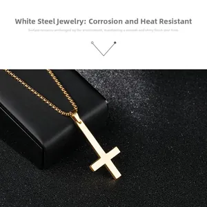 Polished gold stainless steel inverted cross pendant with high-shine finish box chain