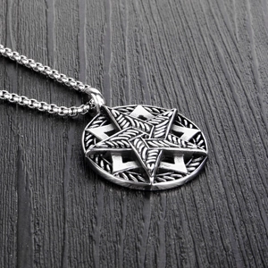 Mens vintage silver stainless steel hollow pentagram pendant necklace with box chain