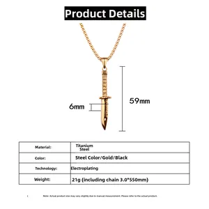 Dimensions détaillées du collier pendentif poignard pour homme en acier doré