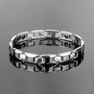 Polished stainless steel magnetic therapy bracelet for men with sleek matte link design
