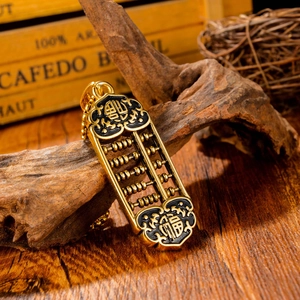 Vintage golden abacus pendant necklace with Fu character on natural wood base