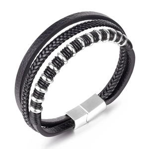 Men Multi-layer Black Leather Braided Bracelet Alloy Beads Magnetic Buckle Retro Fashion Wristband Jewelry Gift For Men