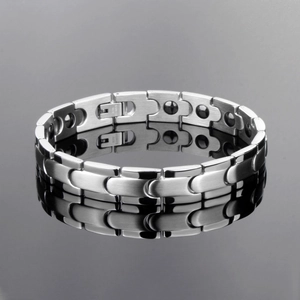 Polished stainless steel magnetic therapy bracelet for men with silver linked arch segments