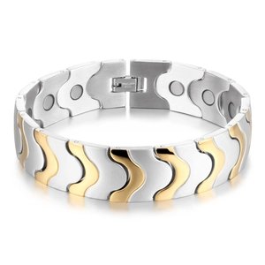 Men's Stainless Steel Magnetic Bracelet Gold Two Tone Energy Health Therapy Wave Link Design Bio Magnet Healing Wristband
