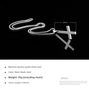 Detailed view of stainless steel inverted cross necklace on reflective black surface