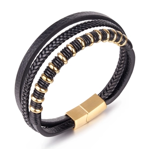 Multilayer black leather men's bracelet with braided cords and golden magnetic clasp