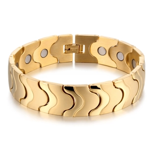 Polished gold magnetic therapy bracelet for men made of stainless steel with wave links