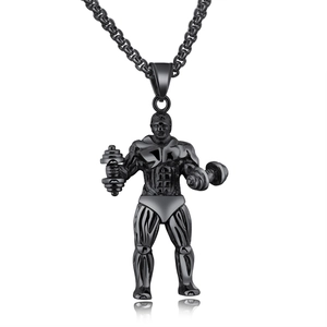 Pendentif haltérophile noir en acier titane avec chaîne robuste pour hommes
