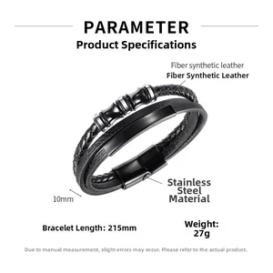 Macro view of men's black braided leather bracelet with magnetic steel clasp and dimensions