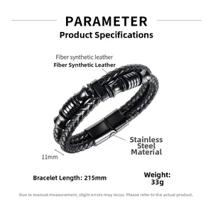 Détail du bracelet en cuir tressé noir avec fermoir magnétique en acier et specs