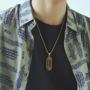 Men's golden stainless steel abacus pendant necklace with Fu character carving