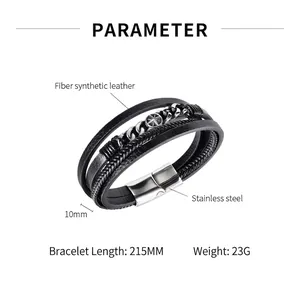 Men's hip hop braided leather bracelet with stainless steel cross charm and magnetic clasp