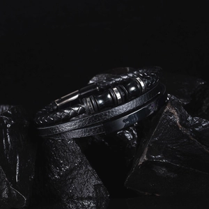 Men's vintage punk layered black braided leather bracelet with magnetic clasp and metal beads