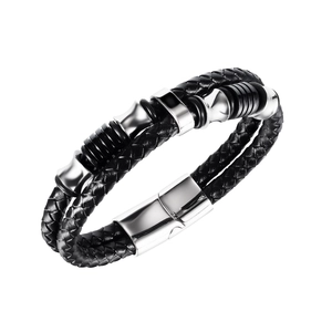 Bracelet Homme en Cuir Tissé Vintage Punk Fermoir Magnétique en Acier Inoxydable Bracelet Corde Tressée Double Couche Bijoux de Mode
