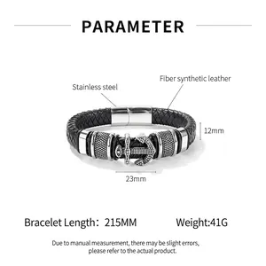 Men's vintage braided leather bracelet with silver nautical anchor charm and steel clasp