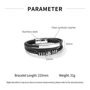 Multi-layer men's leather bracelet with stainless steel cross bead and magnetic buckle