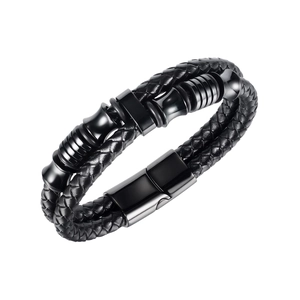 Bracelet double couche en cuir tressé noir avec fermoir magnétique poli pour hommes
