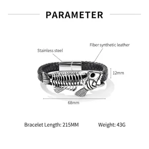 Mens stainless steel fishbone leather bracelet with magnetic clasp on white background