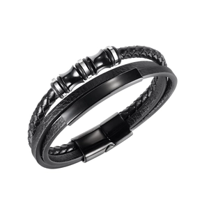 Men's double-layer black braided leather bracelet with silver metal beads and magnetic clasp