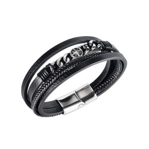 Men's Multi-Layer Black Leather Braided Bracelet Stainless Steel Chain Magnetic Clasp Hip Hop Vintage Compass Star Jewelry