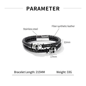 Multilayer men's woven leather bracelet with silver skull charms and magnetic steel clasp