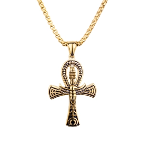 Collar con Colgante de Cruz Ankh Egipcia Vintage de Acero de Titanio con Alas de Escarabajo Tótem en Relieve Joyería Religiosa de Hip Hop