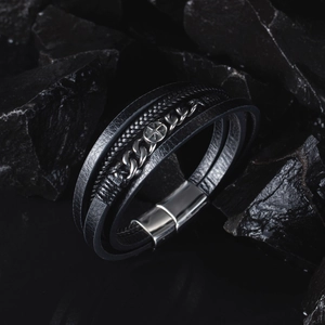 Men's multi-layer leather bracelet with cross star charm and magnetic clasp