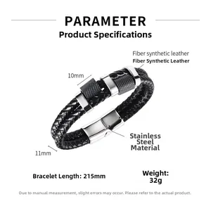 Detail of woven black leather bracelet with dimensions of 215mm length and 11mm width