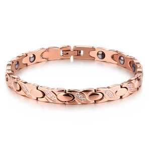 Rose gold twisted X-shape crystal bracelet with magnetic beads and folding clasp