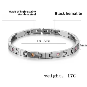 Detail view of 19.5cm stainless steel bracelet with hematite and colorful rhinestones