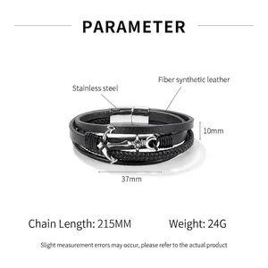 Men's multi-layer braided leather bracelet with stainless steel anchor charm and magnetic clasp
