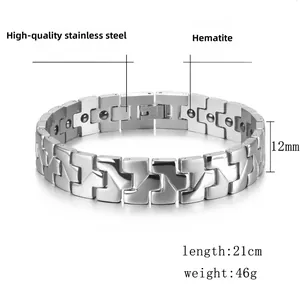 Detail view of 12mm stainless steel H-link bracelet with black hematite inlays