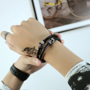 Men's punk style multi-layer braided black leather bracelet with silver skull charms