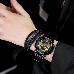 Men's multilayer black leather bracelet with silver metal chains and cross star charms