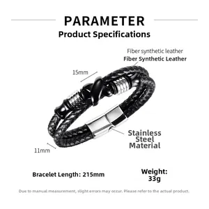 Detail view of mens double-layer black braided leather bracelet with steel accents