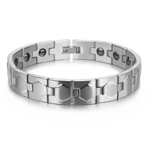 Men Magnetic Therapy Health Bracelet Stainless Steel Polished Geometric Hexagon Link Bracelet With Black Magnetic Stones