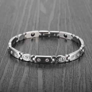 Minimalist silver titanium steel eye bracelet with clear zircons and magnetic stones