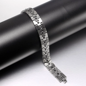 Men's magnetic stainless steel health bracelet with geometric links and brushed finish