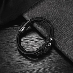 Men's double-layered black leather bracelet with infinity stainless steel magnetic clasp