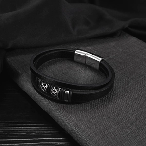 Men's multilayer black leather bracelet with silver magnetic clasp and metal beads