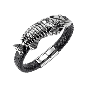 Hip Hop Men's Stainless Steel Fishbone Bracelet Vintage Punk Black Braided Leather Wristband Polished Metal Jewelry Gift