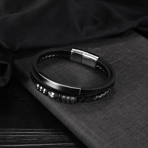 Men's multilayer black leather bracelet with silver metal charms and magnetic clasp