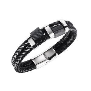Retro Men's Double Layer Braided Leather Bracelet With Stainless Steel Knurled Rings Magnetic Clasp Industrial Bangle Gift