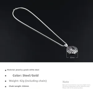 Detaillierte Größentabelle der Bagua Yin-Yang-Halskette aus Edelstahl in Silber und Gold