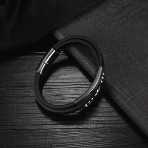 Men's minimalist multi-layer black silicone bracelet with silver magnetic metal clasp