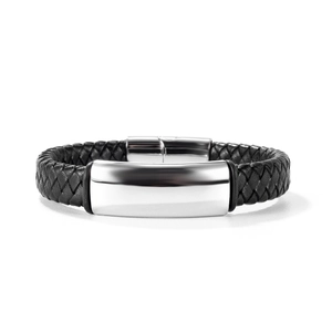Bracciale da Uomo in Pelle Intrecciata Nera in Acciaio al Titanio Con Fibbia Magnetica in Argento Lucido Gioielli